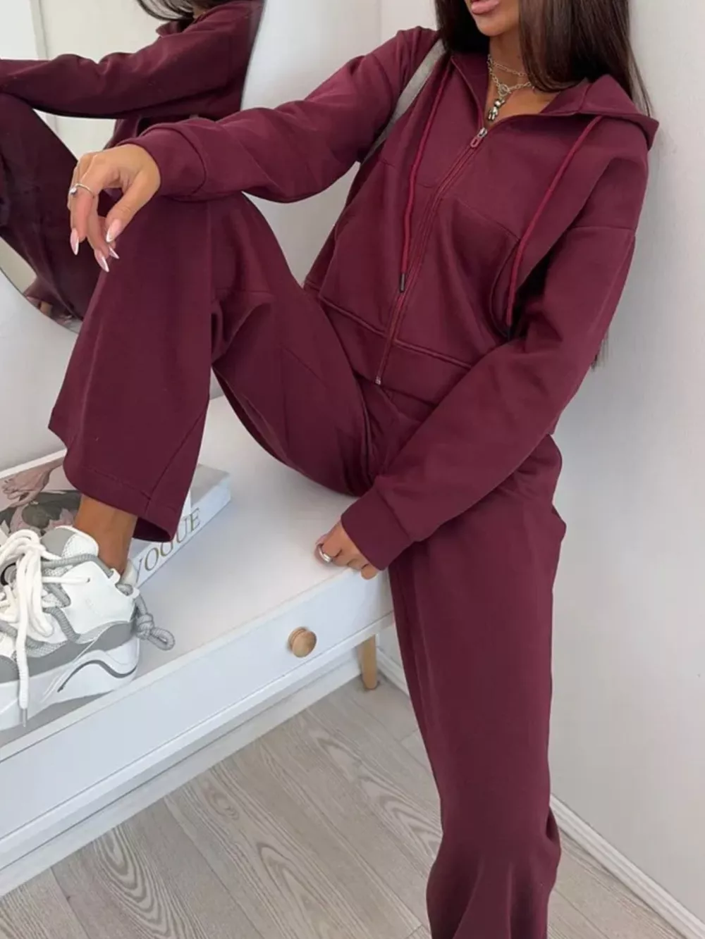 Zip-Up Hoodie and Wide-Leg Pants Set, image 8