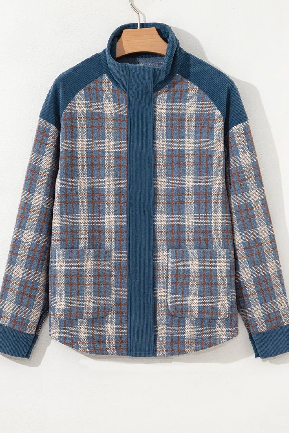 Plaid Corduroy Patchwork Collared Zip Up Snap Button Jacket, image 9
