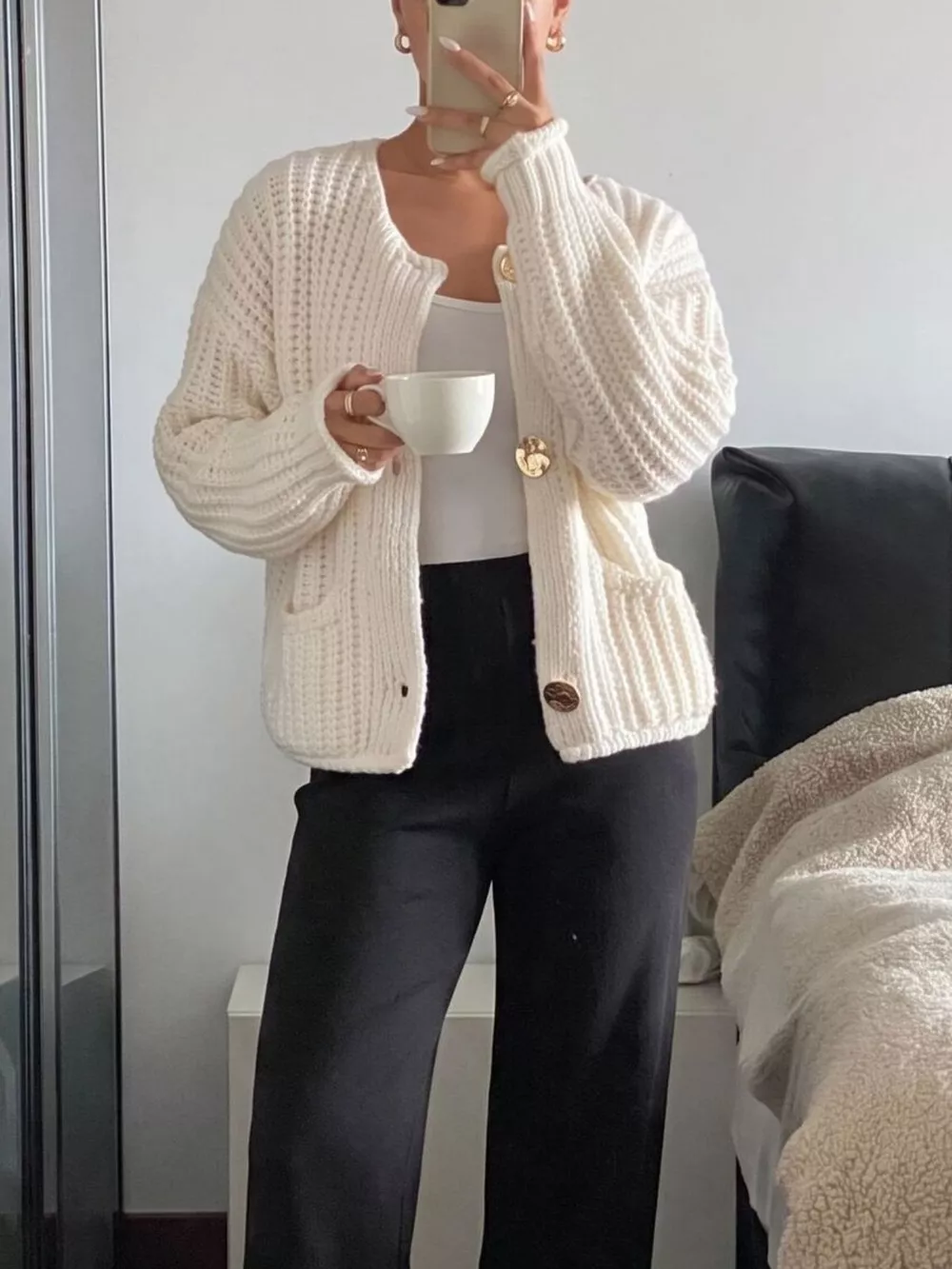 Ribbed Knit Cardigan with Gold-Tone Buttons, image 6