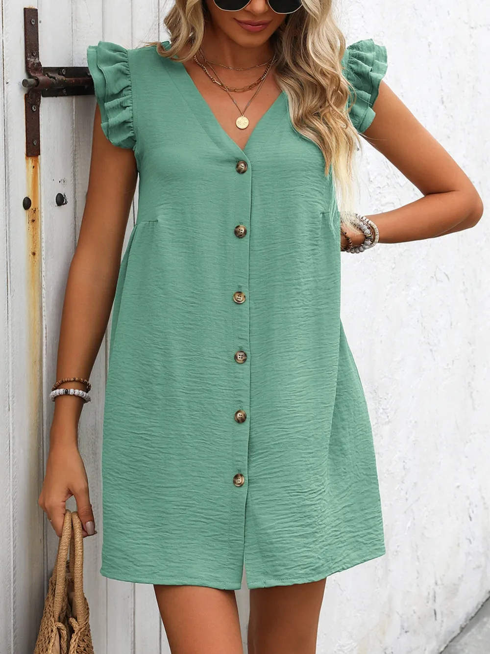 Button Up V-Neck Cap Sleeve Mini Dress, image 15