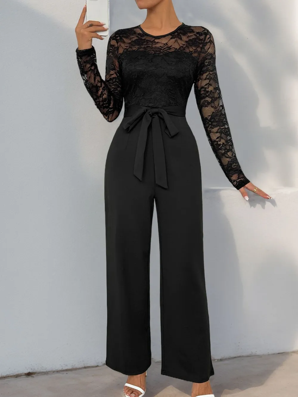 Lace Round Neck Long Sleeve Jumpsuit, image 4