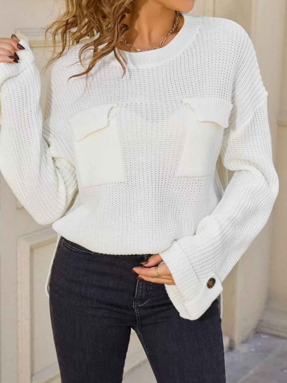 Pocket Detail Round Neck Sweater, image 8