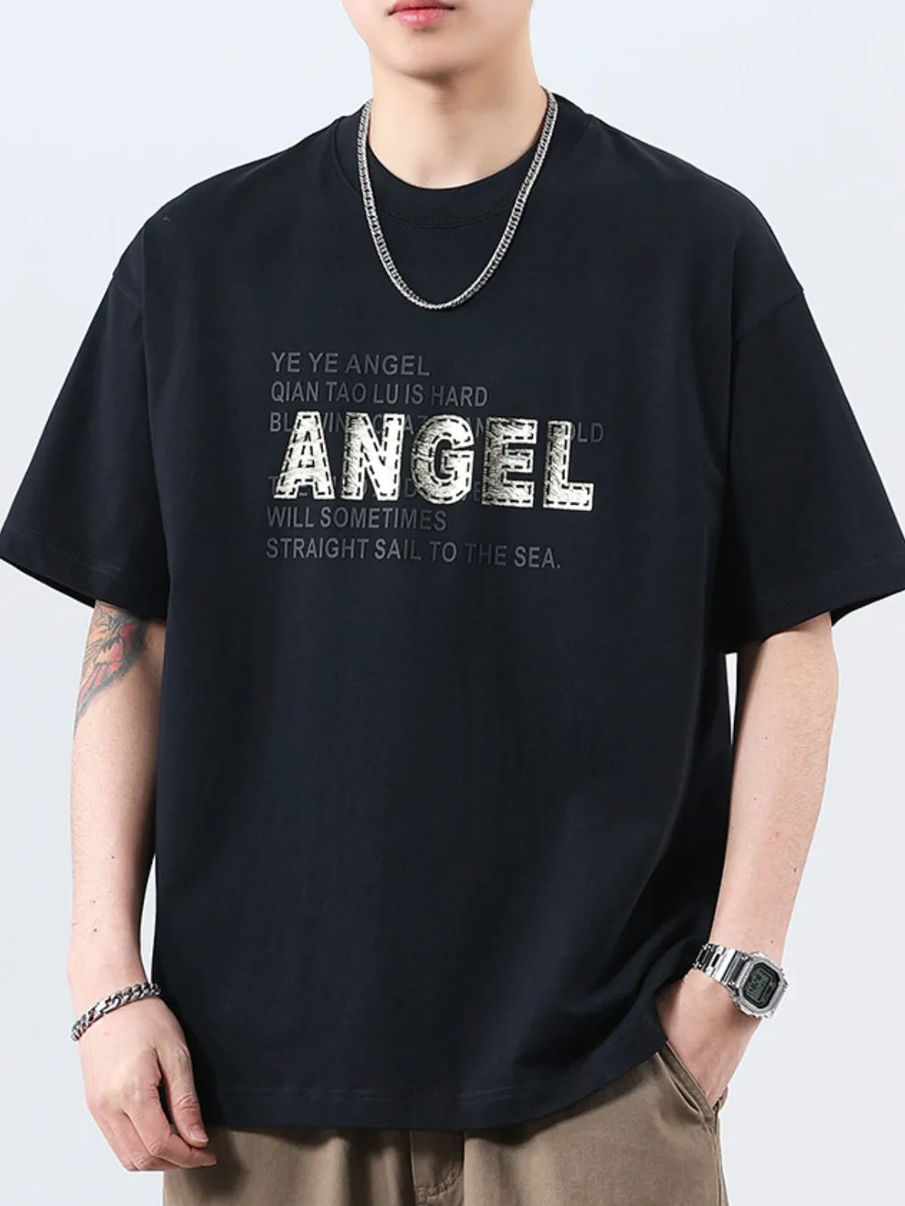 Men's Plus Size Letter Round Neck Short Sleeve T-Shirt, image 3