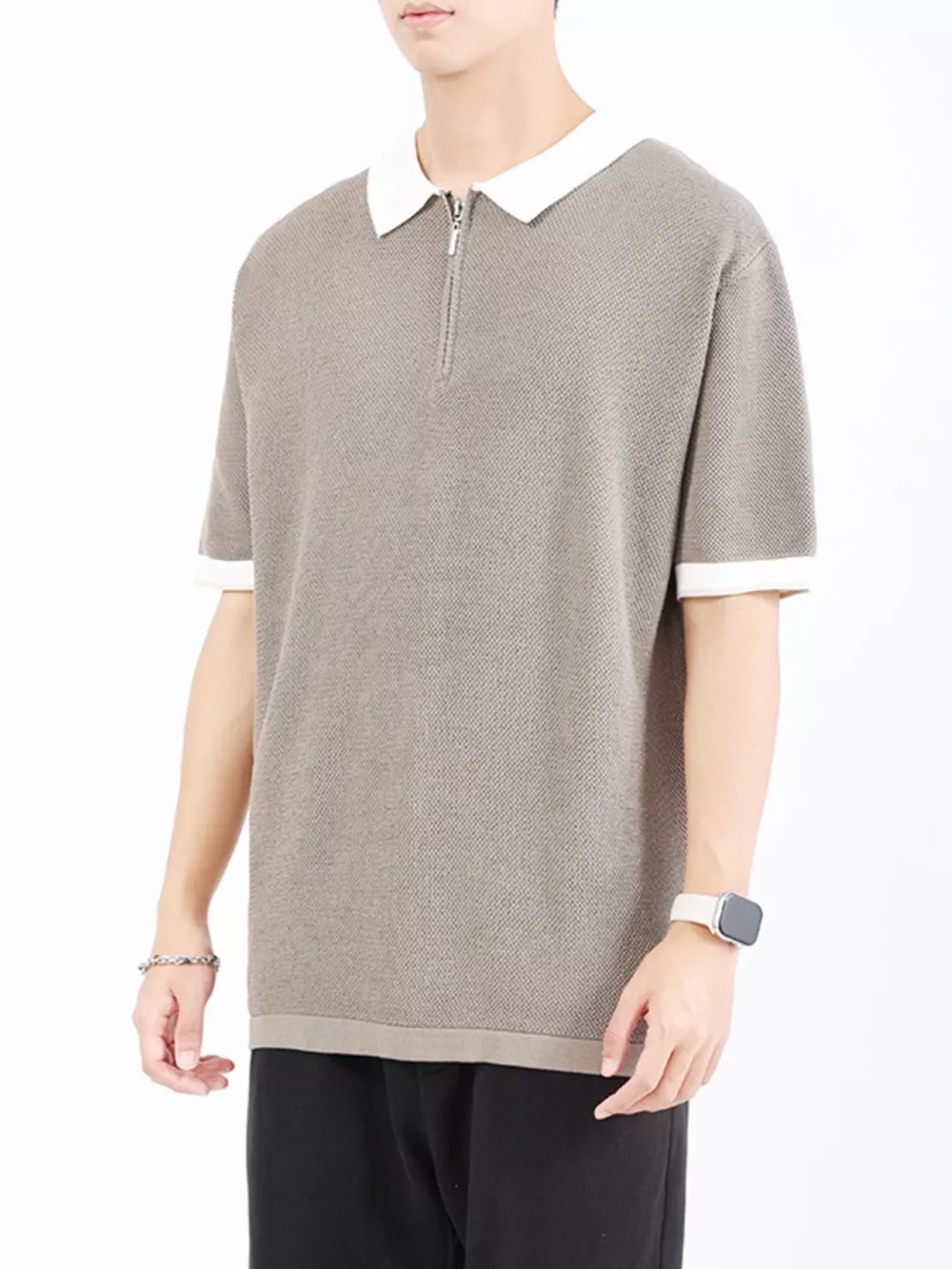 Men's Plus Size Textured Knit Polo with Zipper, image 2
