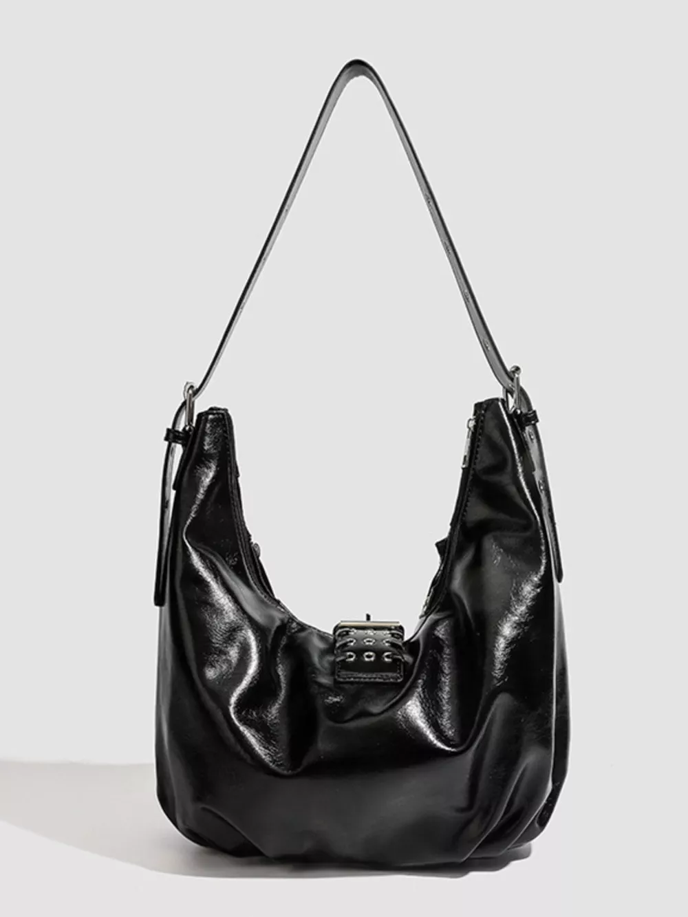Studded Patent Leather Hobo Shoulder Bag, image 3