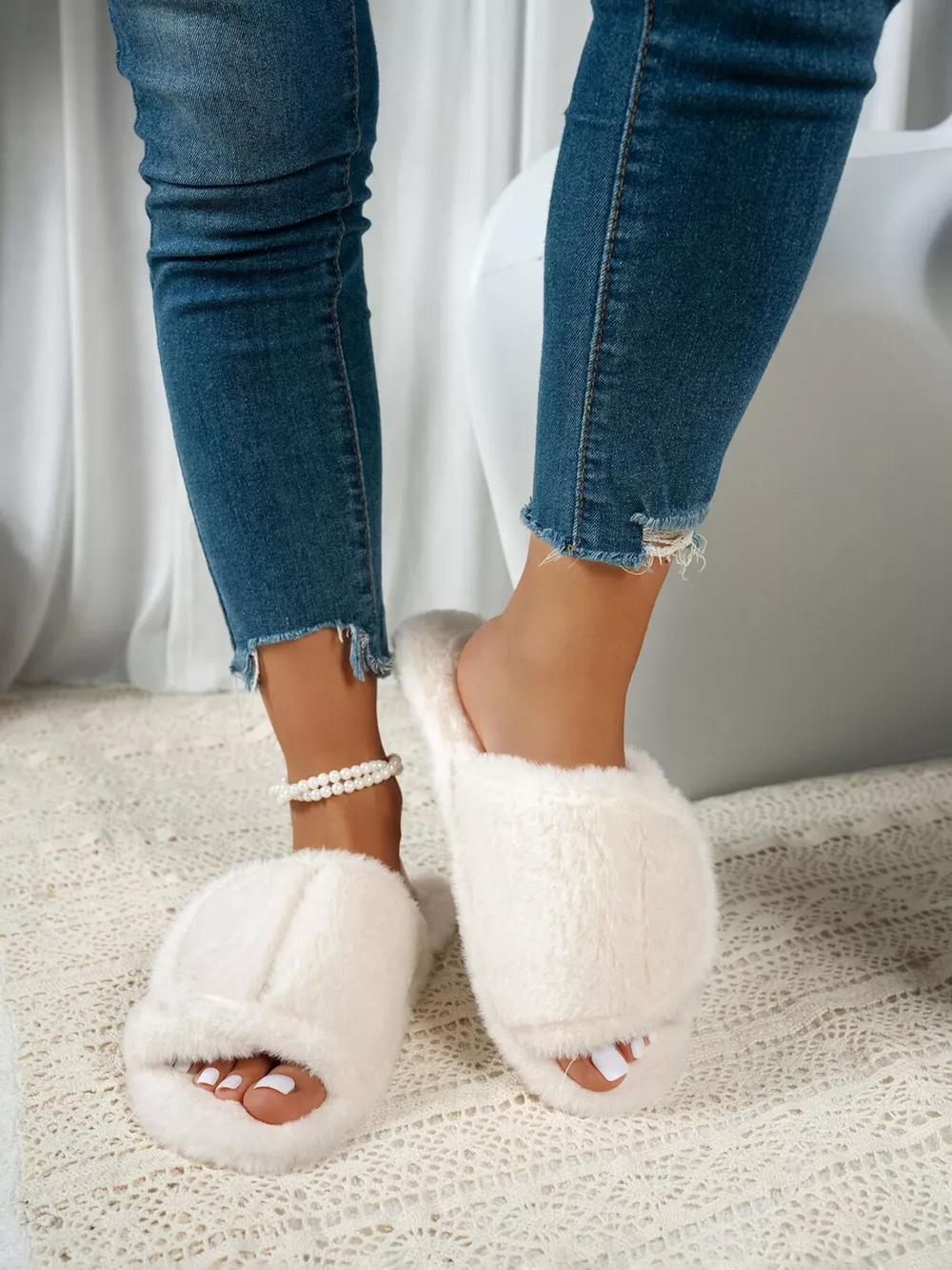 Fuzzy Open Toe Flats Slippers, image 2