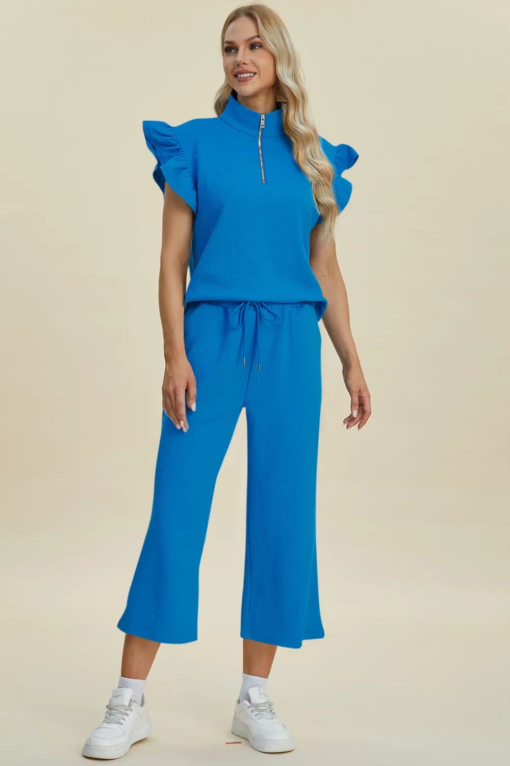 Full Size Texture Ruffle Short Sleeve Top and Wide Leg Pants Set, image 25
