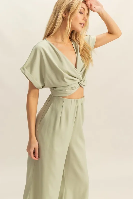 Twisted Front Short Sleeve Top and Wide Leg Pants Set, image 4