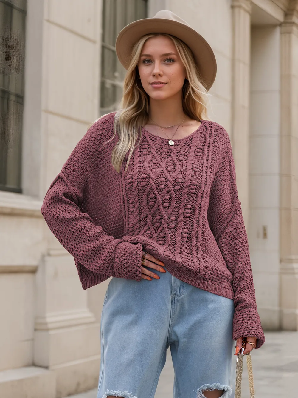 Round Neck Dropped Shoulder Long Sleeve Sweater, image 11