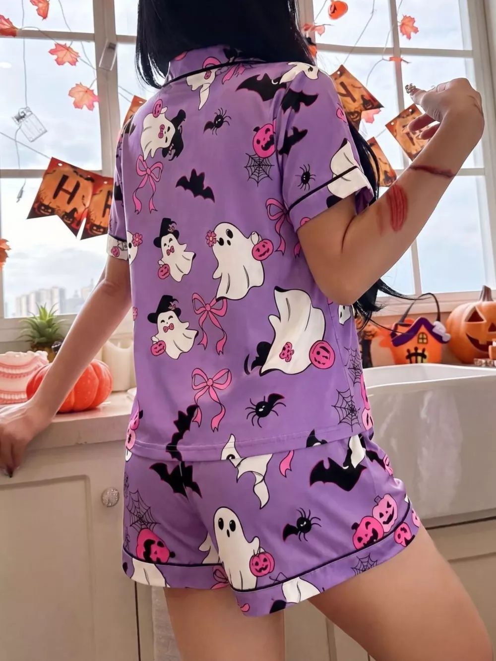 Halloween Ghost Print Button-Down Top and Shorts Lounge Set, image 12