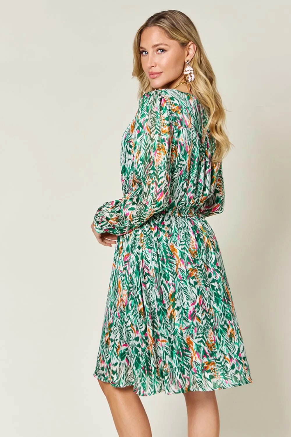 Full Size Printed Drawstring Waist Long Sleeve Dress, image 15