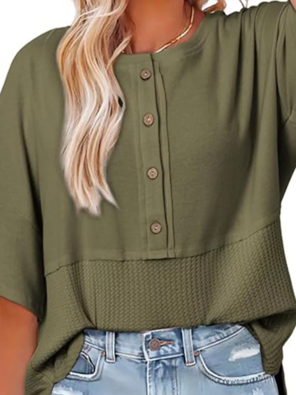 Button Detail Texture Knit T-Shirt, image 14