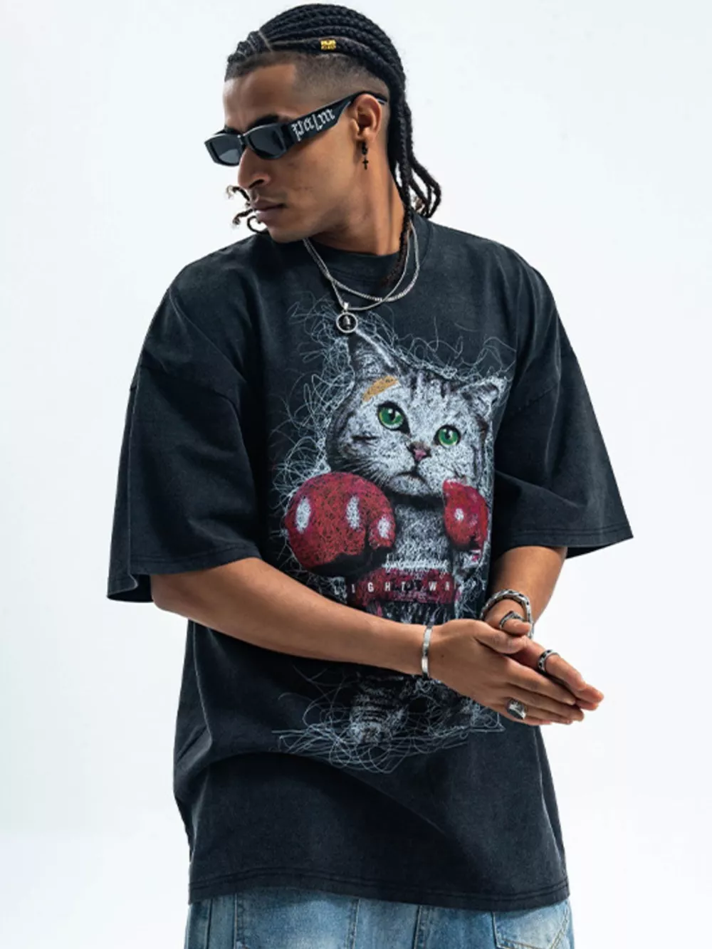 Men's Cat Graphic Vintage Wash T-Shirt, image 3