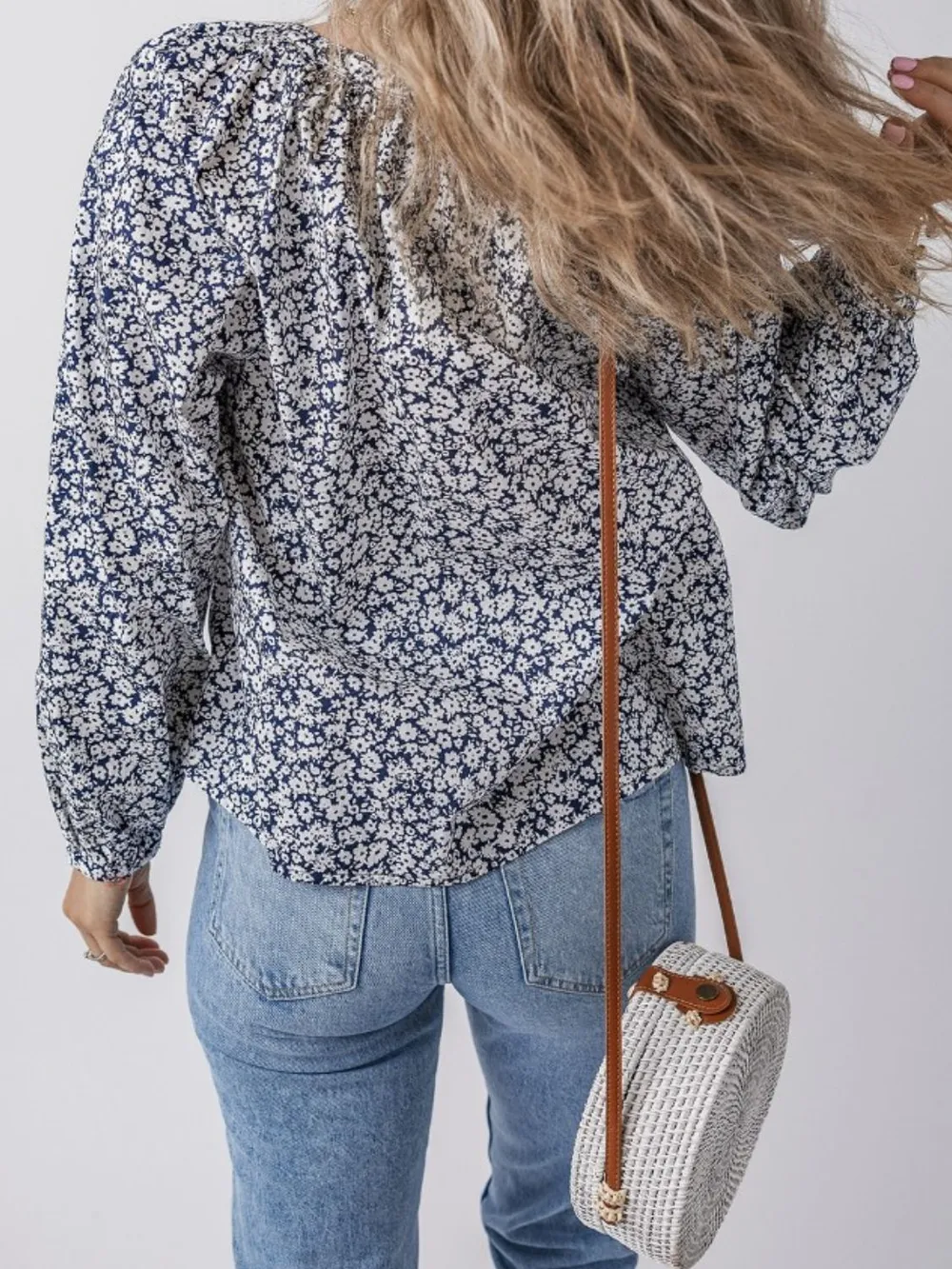 Floral Print Notched Long Sleeve Blouse, image 6