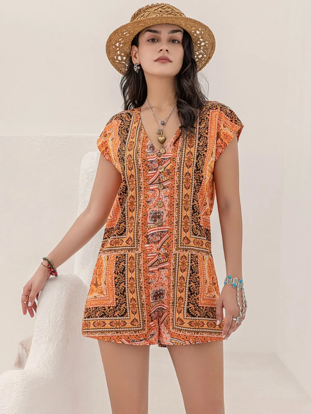 Printed V-Neck Cap Sleeve Romper, image 11
