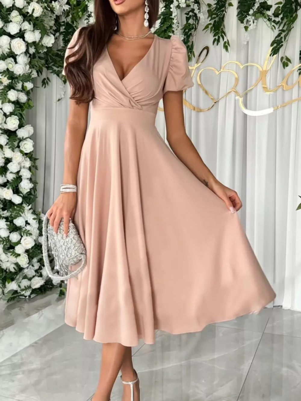 Surplice Puff Sleeve Midi Dress, image 8