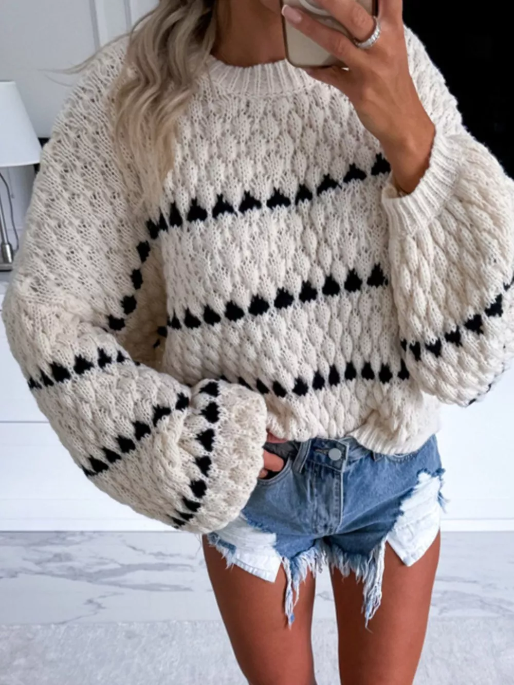 Chunky Knit Striped Sweater with Balloon Sleeves, image 3