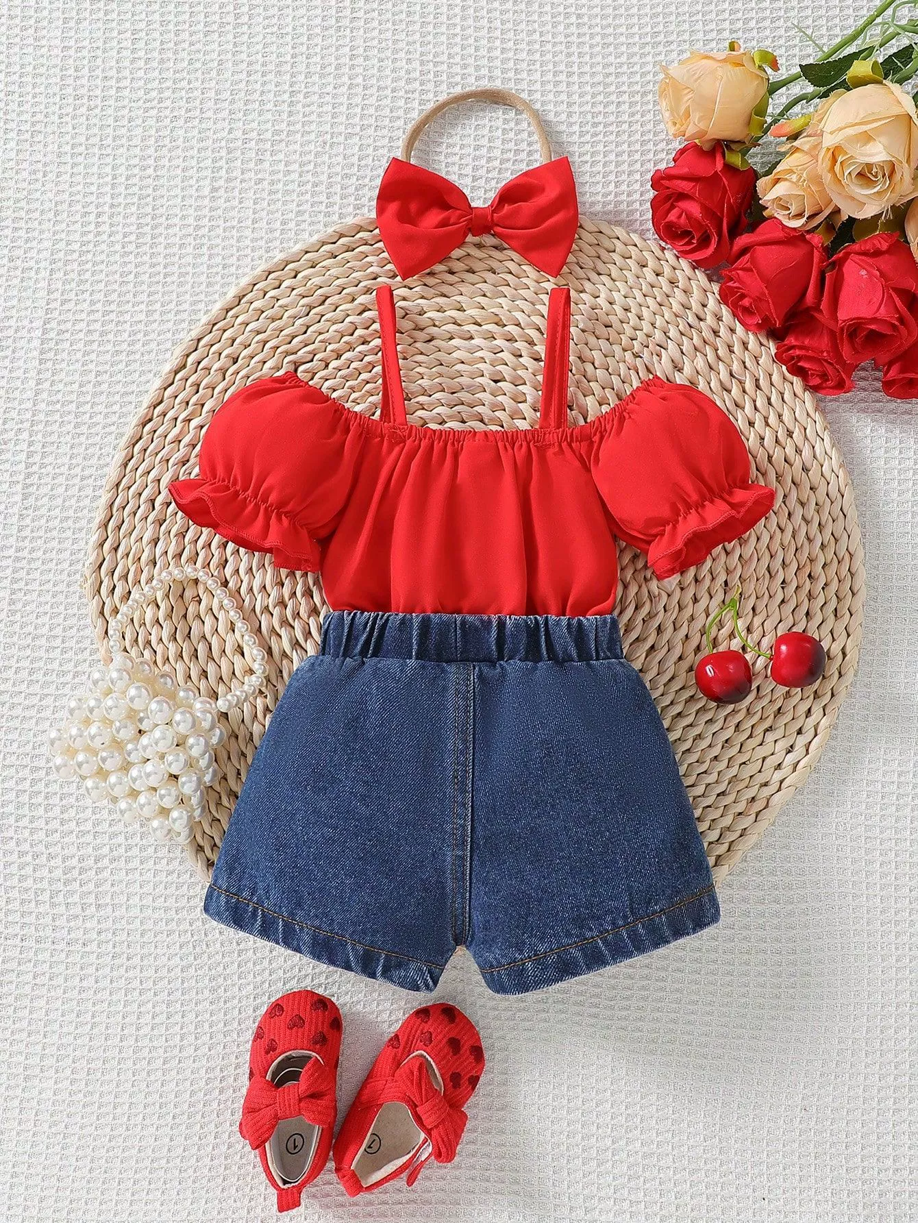 Children's Ruffled Top & Heart Embroidered Denim Shorts Set, image 6