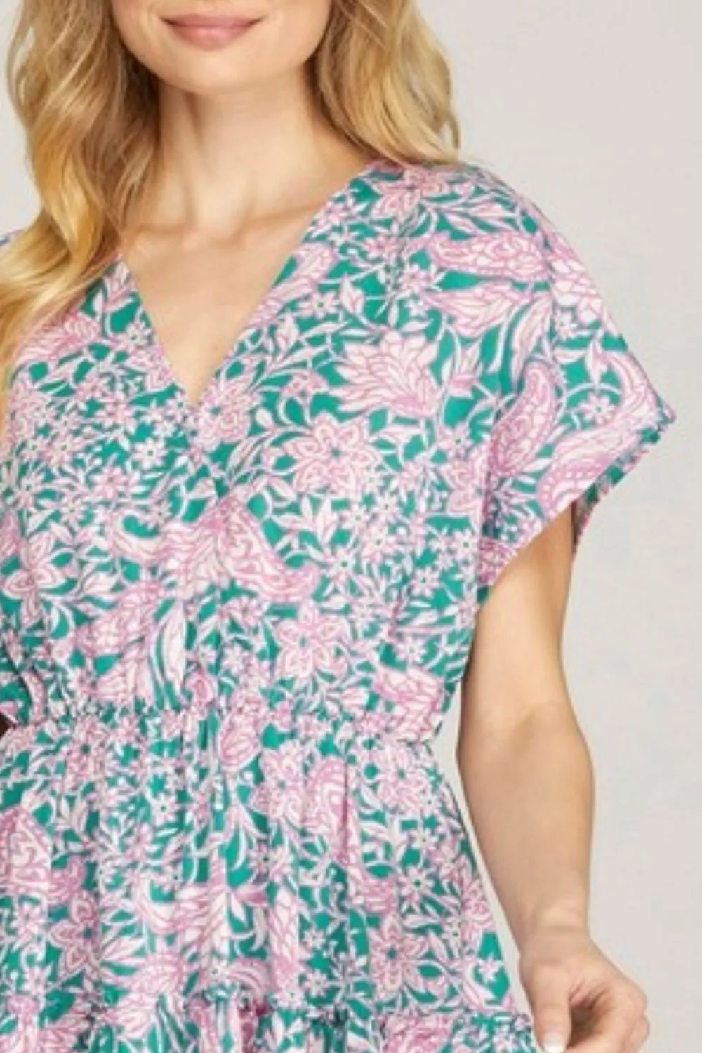 Full Size Ruffled Hem Printed Surplice Kimono Sleeve Mini Dress Plus Size, image 2