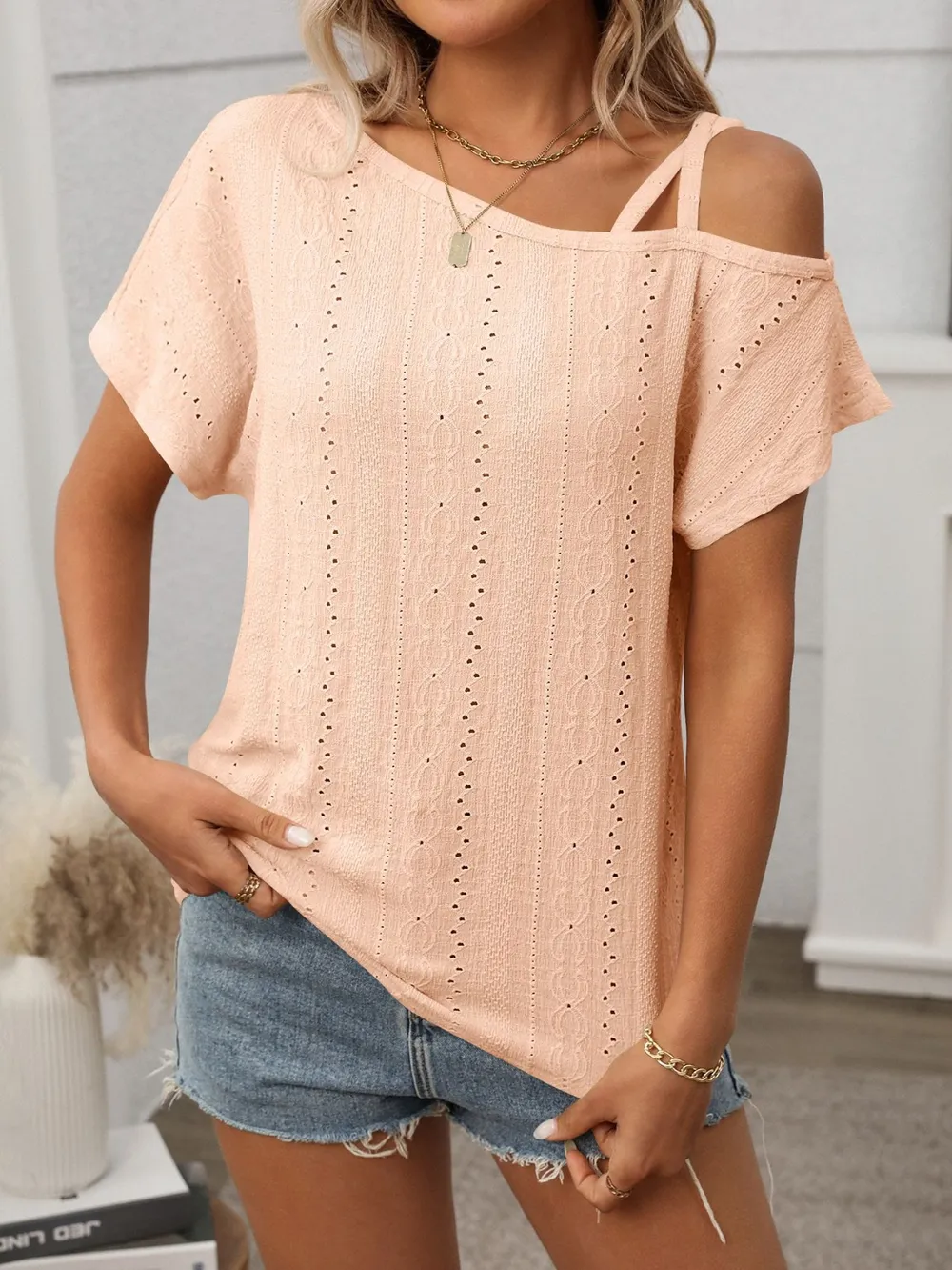 Eyelet Asymmetrical Shoulder Short Sleeve T-Shirt, image 26