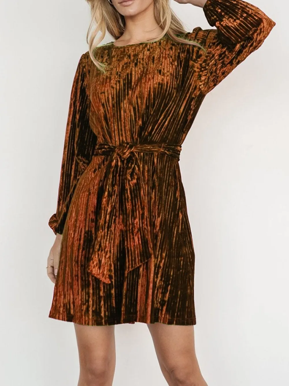 Velvet Round Neck Tie Waist Long Sleeve Mini Dress, image 11