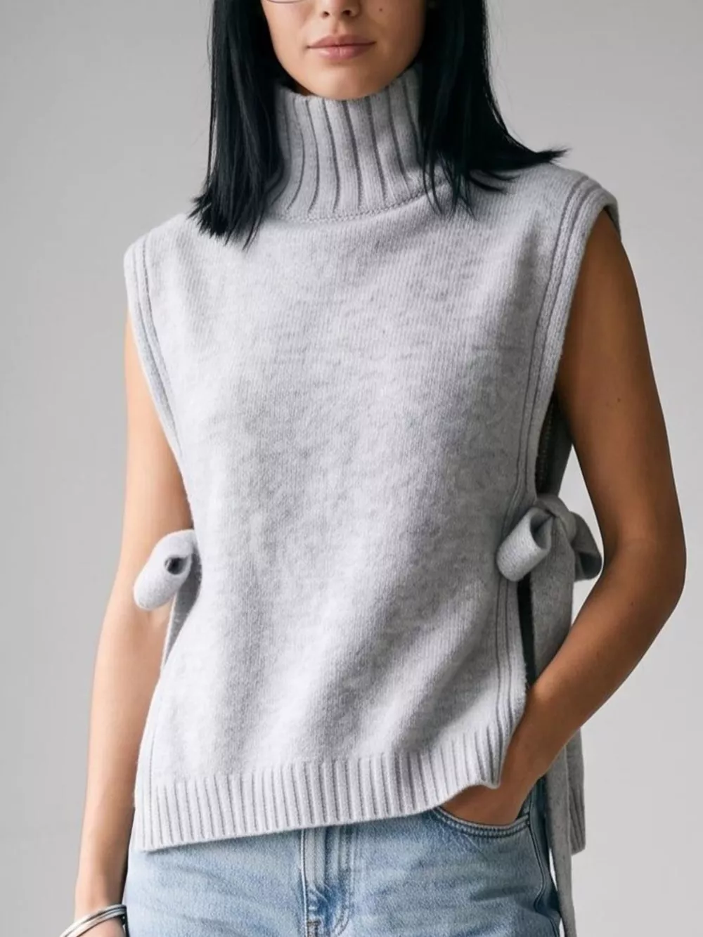 Turtleneck Side-Tie Knit Sweater Vest, image 3