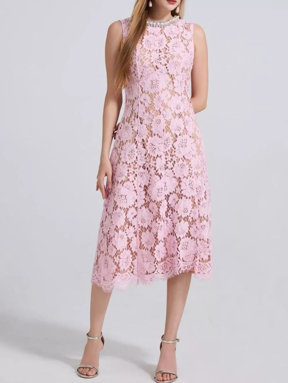 Pearl Neckline Sleeveless Lace Dress, image 24