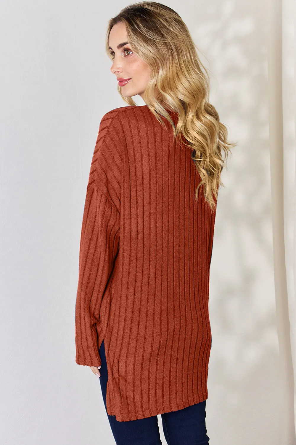 Full Size Ribbed Half Button Long Sleeve High-Low T-Shirt, image 21