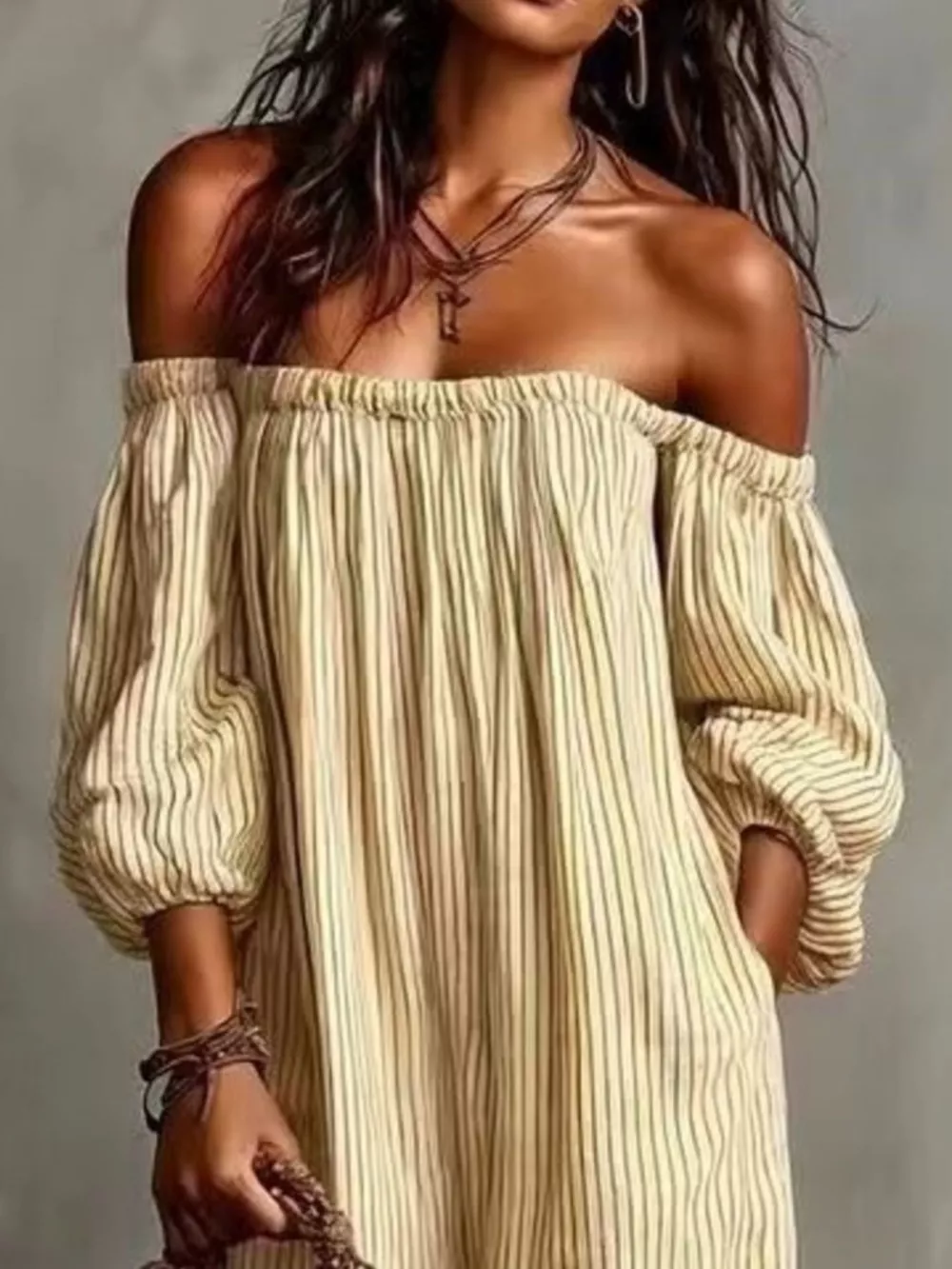 Full Size Off-Shoulder Striped Maxi Dress with Puff Sleeves Plus Size, image 9