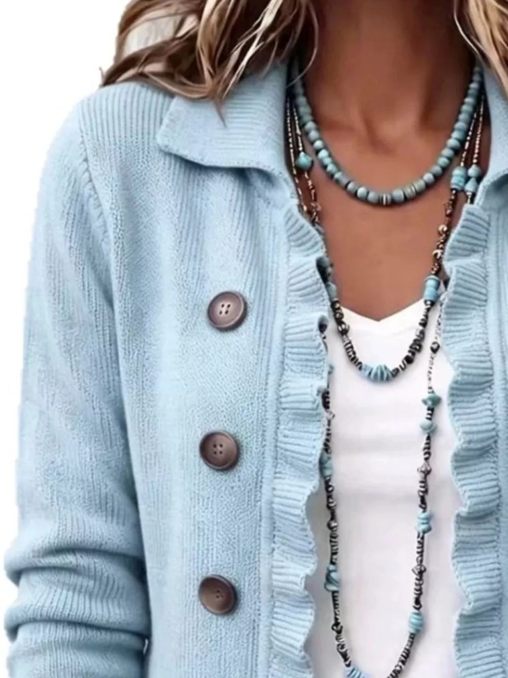 Full Size Ruffled Trim Decorative Button Cardigan Plus Size, image 12
