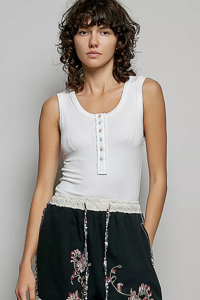 Colorful Button Round Neck Ribbed Tank, image 5