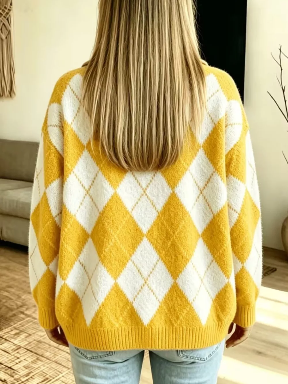 Argyle Pattern Collared Pullover Sweater, image 12