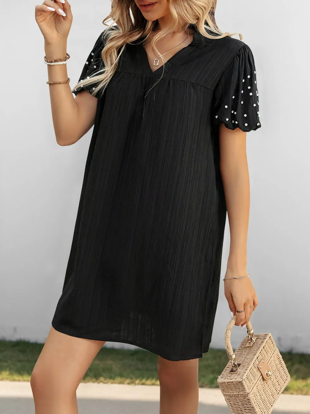 Textured V-Neck Short Sleeve Mini Dress, image 4
