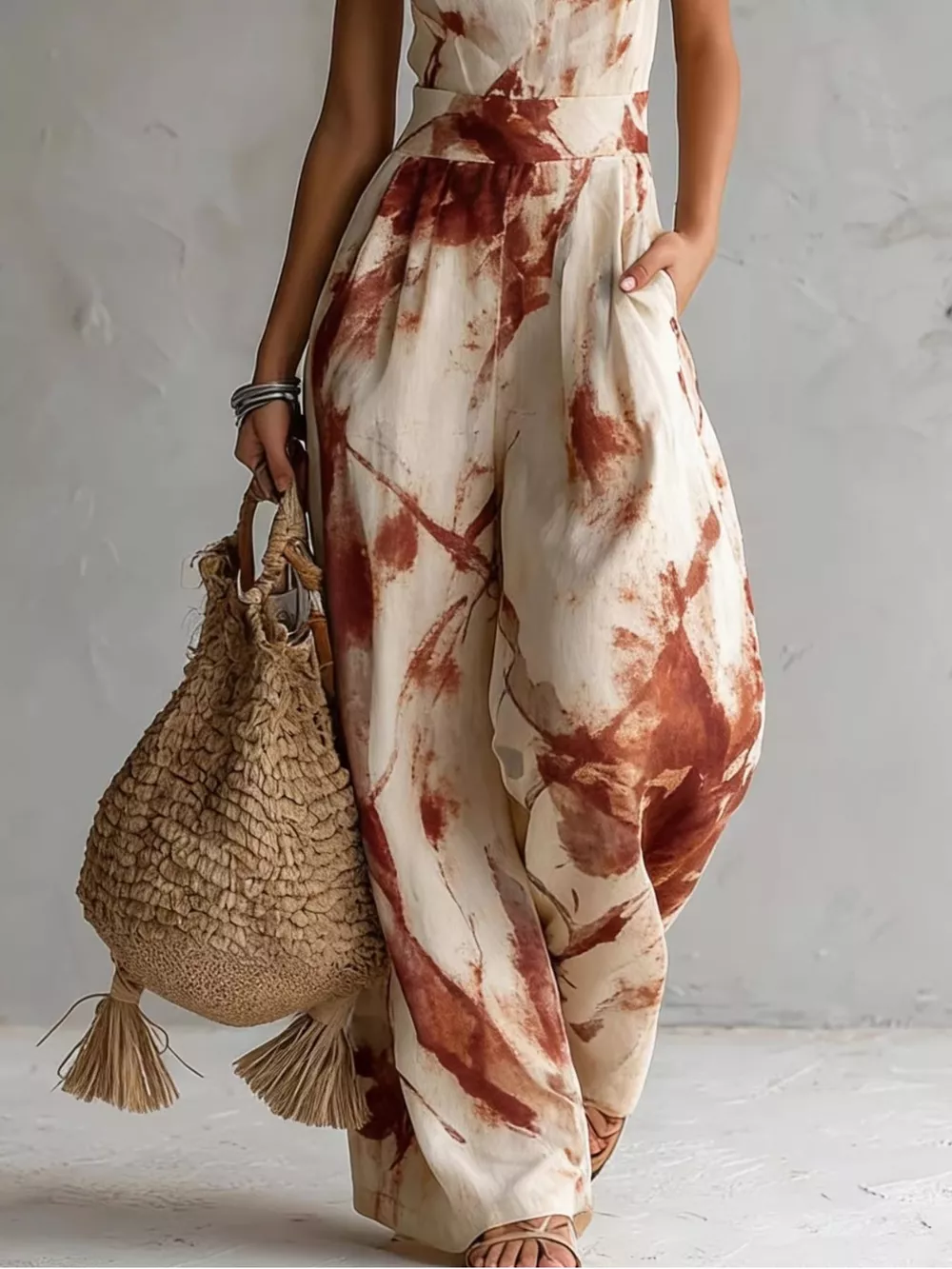 Ink Wash Print Halter Neck Wide-Leg Jumpsuit, image 6