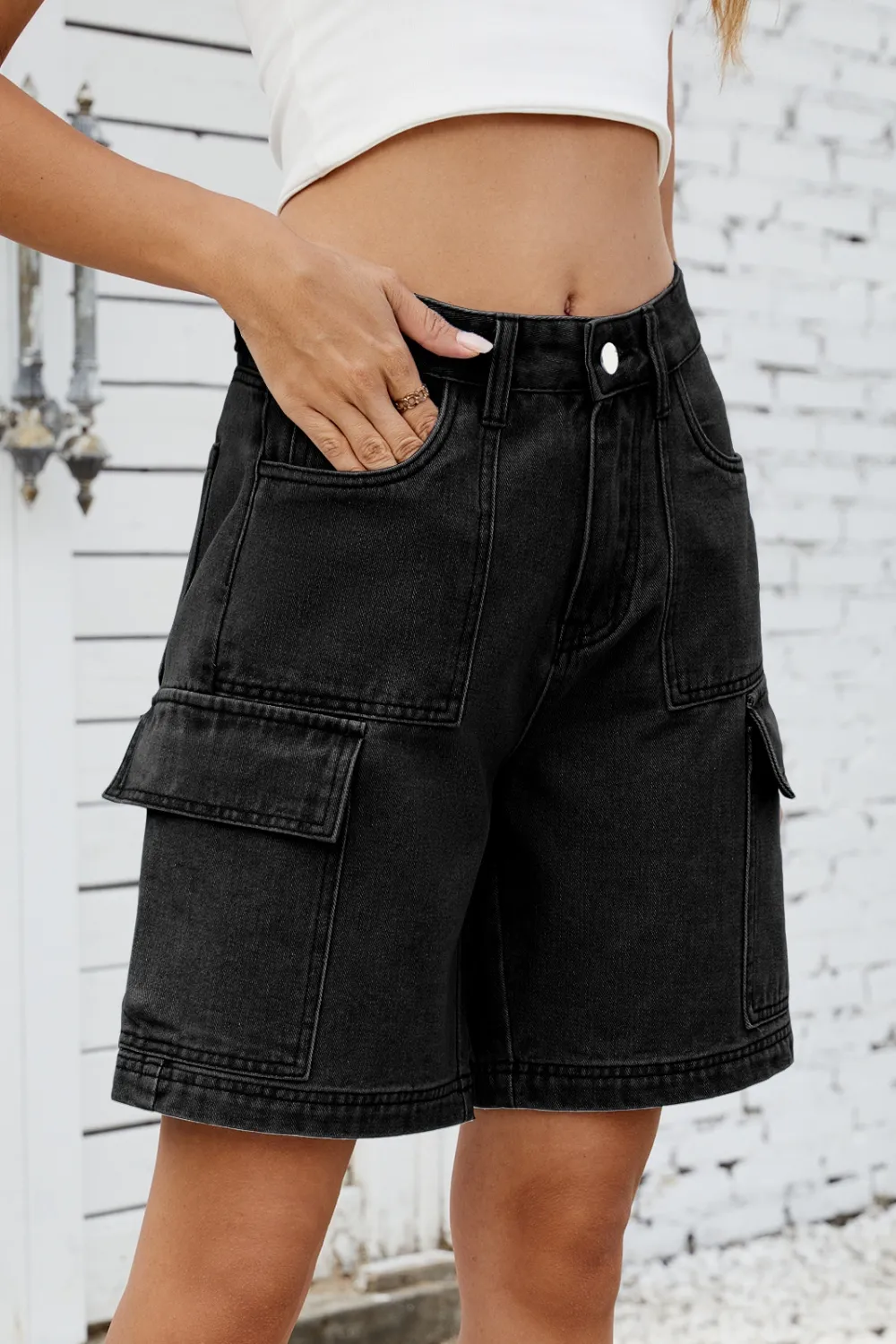 High Rise Denim Shorts with Cargo Pockets, image 10