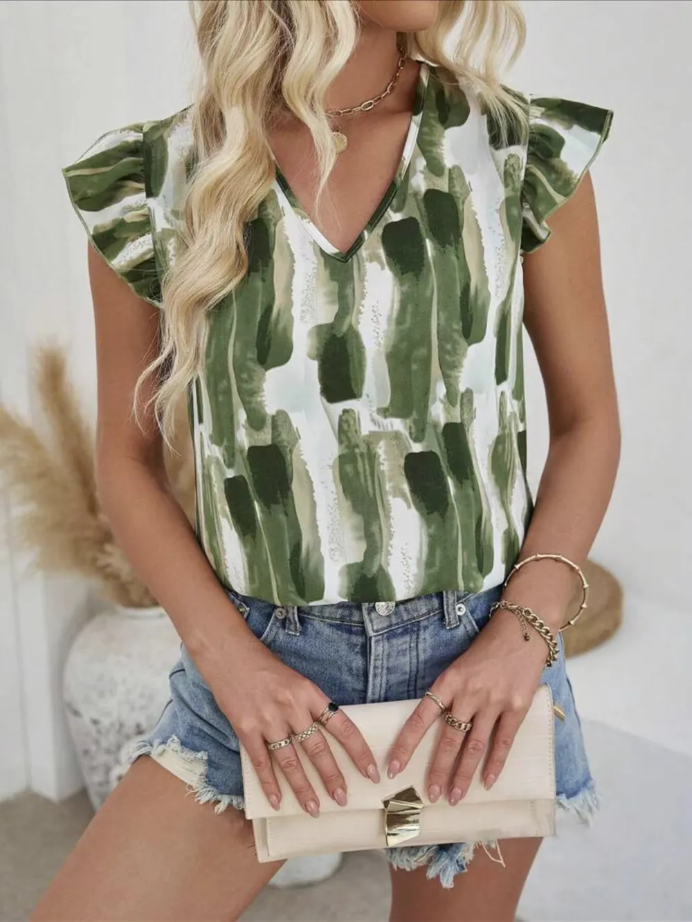 Ruffled Printed V-Neck Cap Sleeve Blouse, image 3