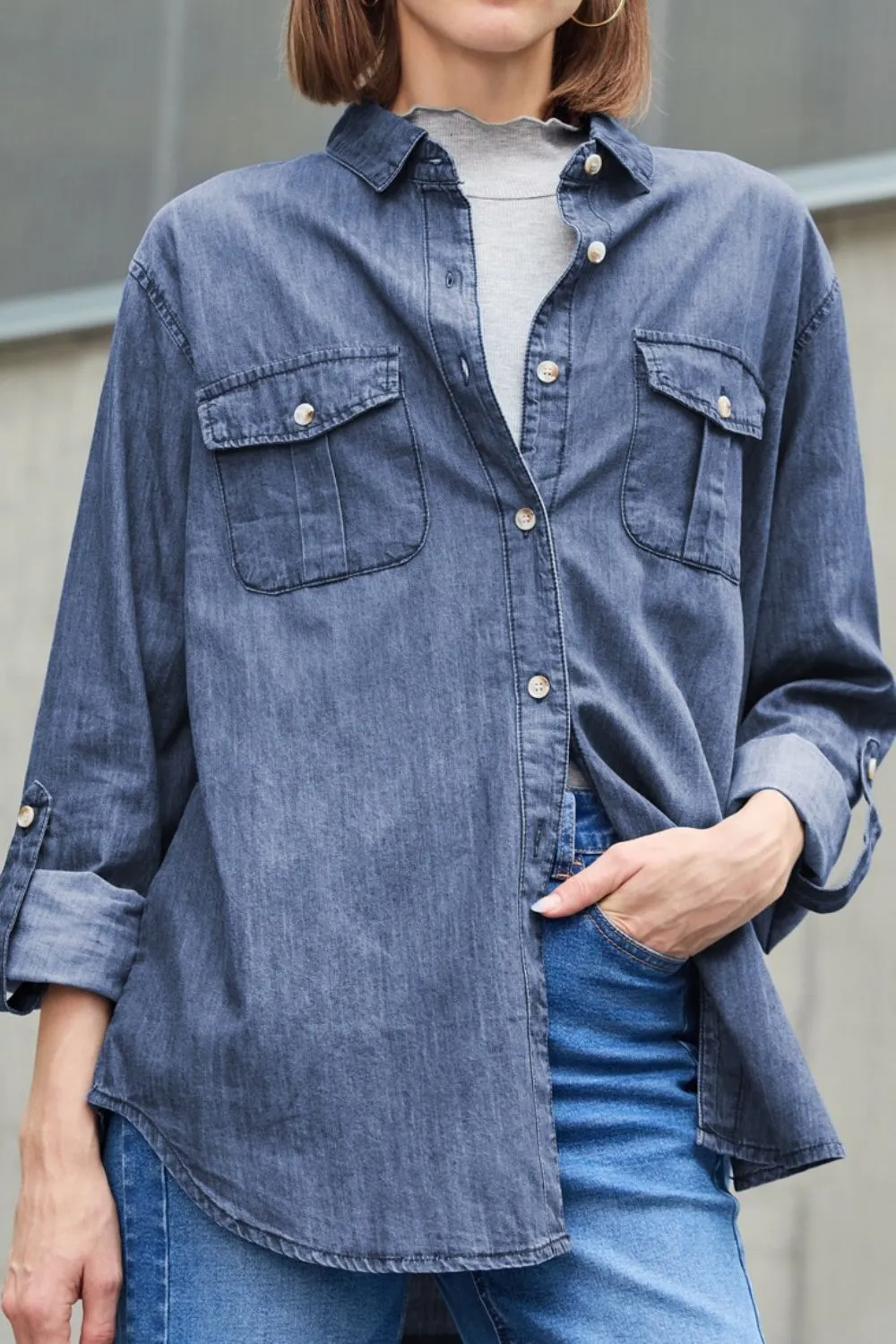 Pocketed Collared Neck Long Sleeve Denim Top, image 11