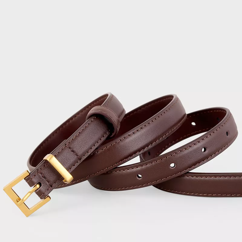 Leather Skinny Belt with Golden Buckle, image 2