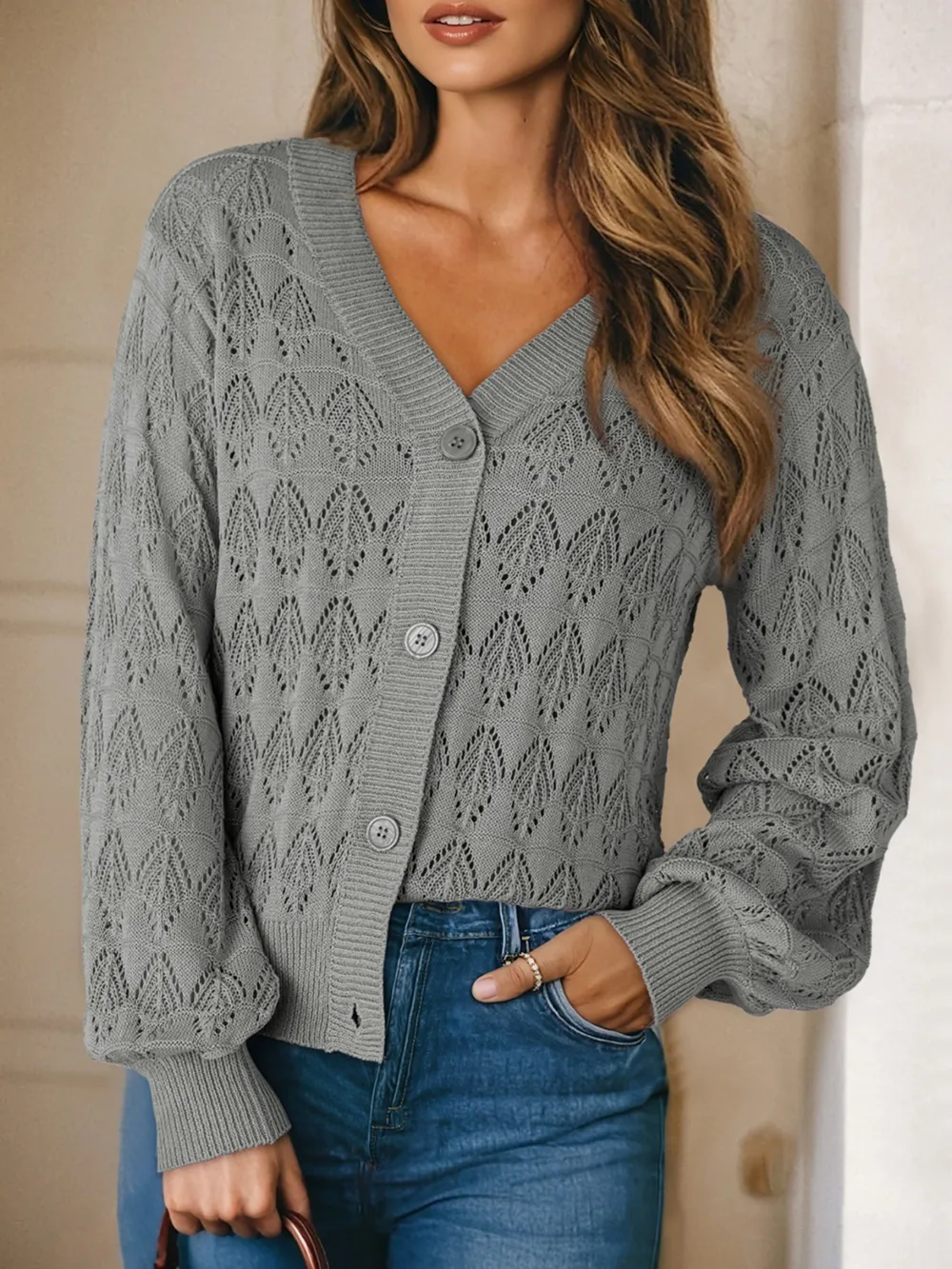 Buttoned Front Openwork Cardigan, image 8