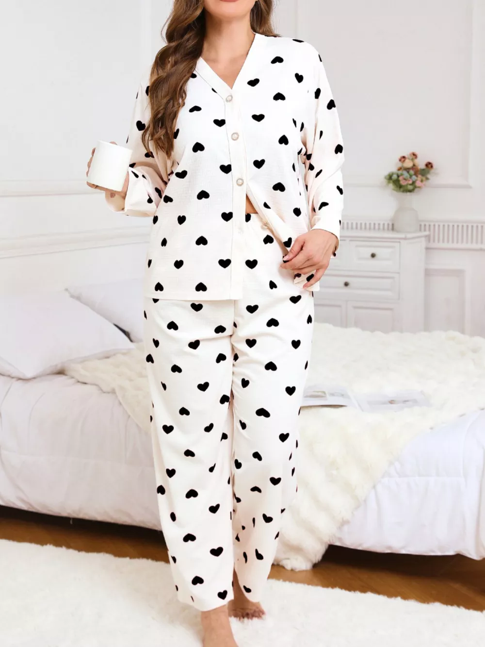 Plus Size Heart Print Button-Down Top and Pants Set, image 5