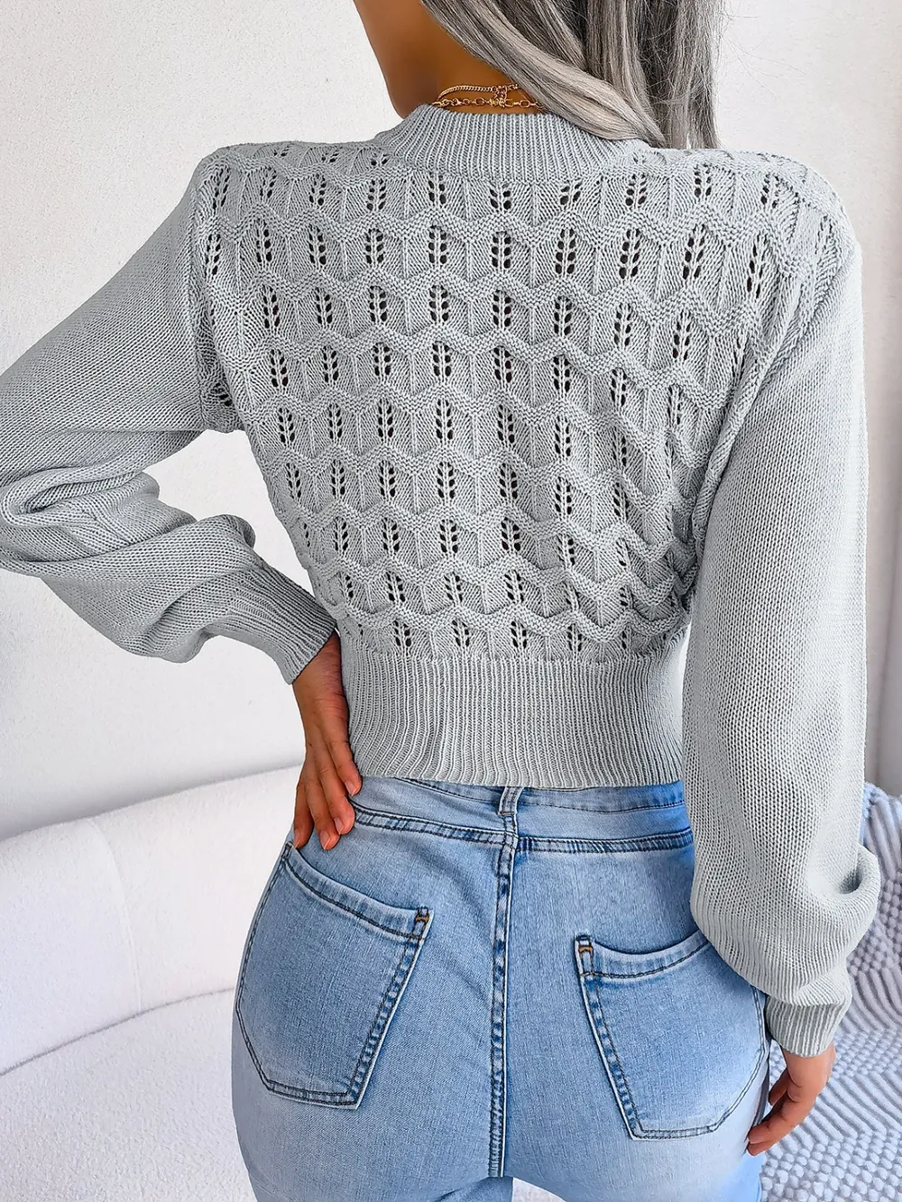 Openwork Mock Neck Long Sleeve Cropped Sweater, image 12