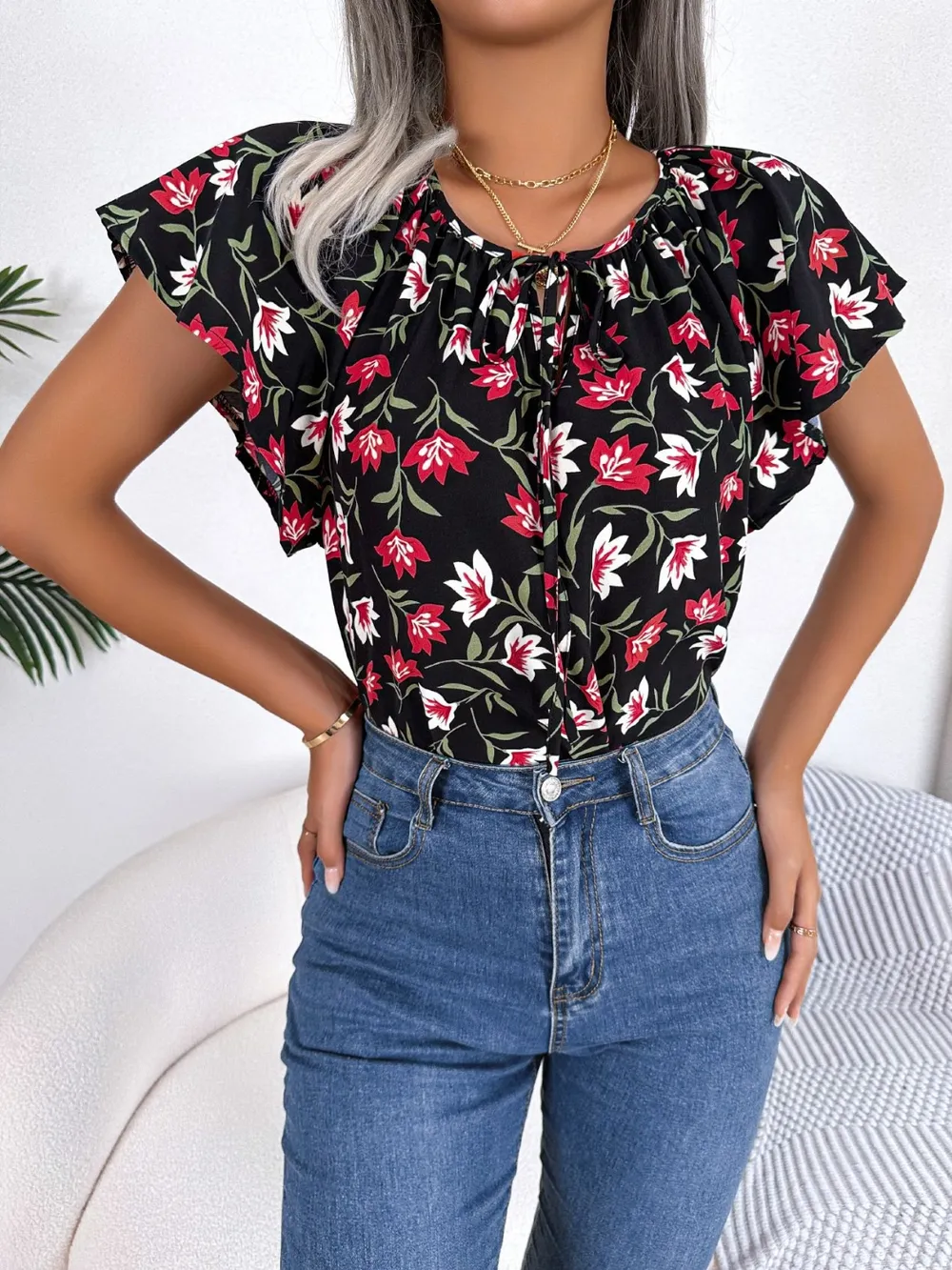 Floral Tie Neck Flutter Sleeve Blouse, image 2