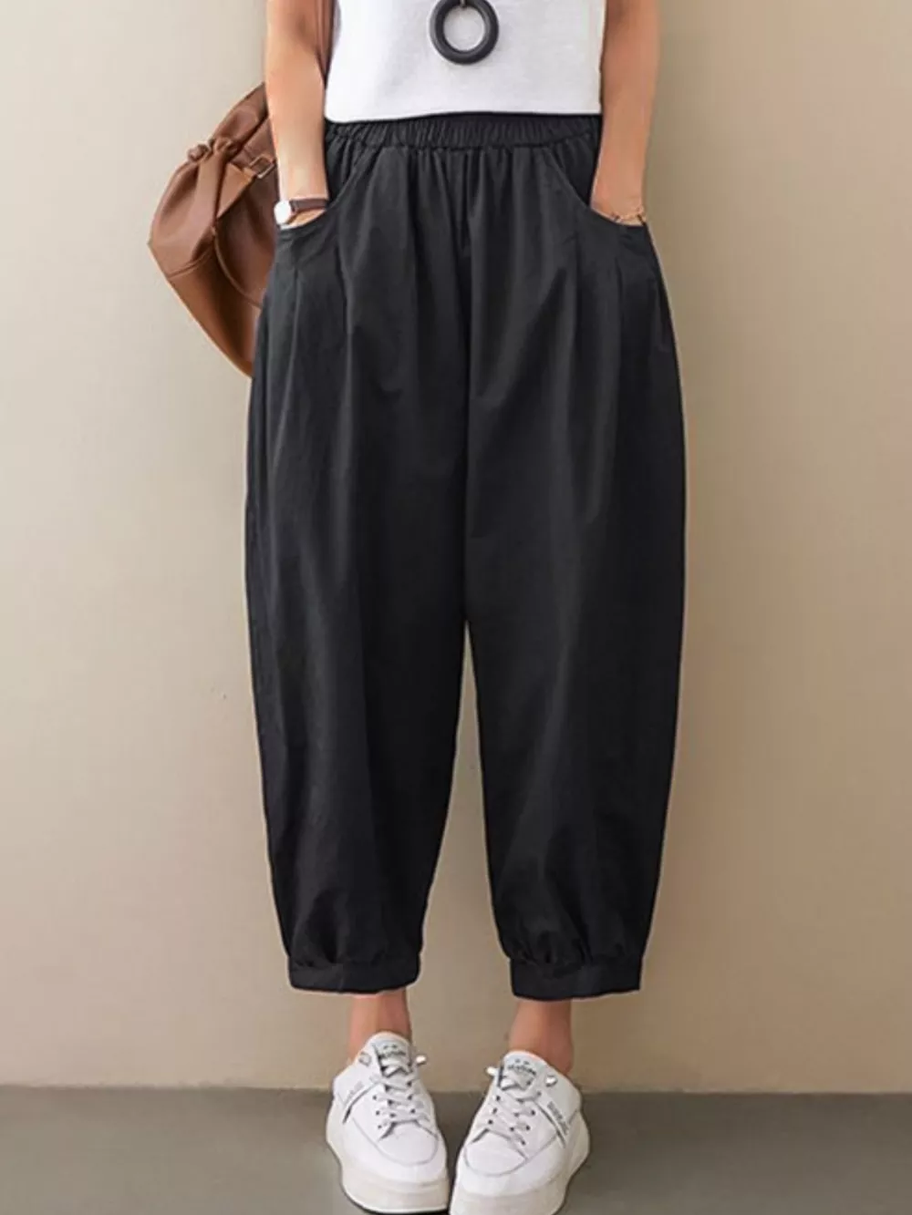 Loose Fit Elastic Waist Harem Pants, image 3
