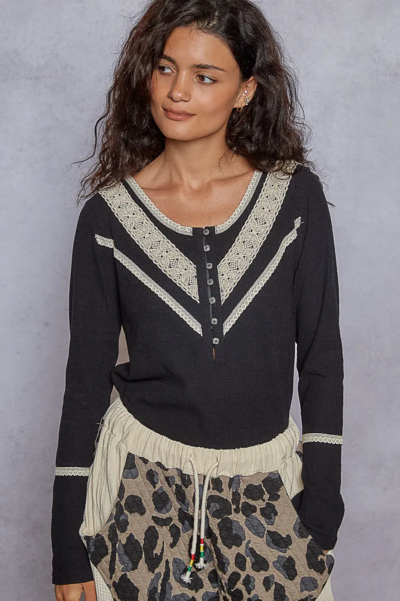 Ribbed Half Button Lace Detail Knit Top, image 4