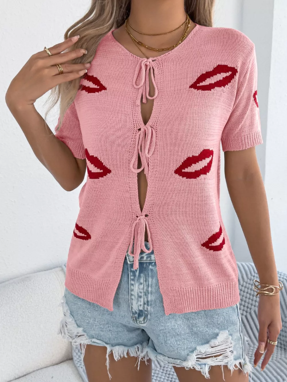 Lips Tie Front Knit Cardigan, image 10