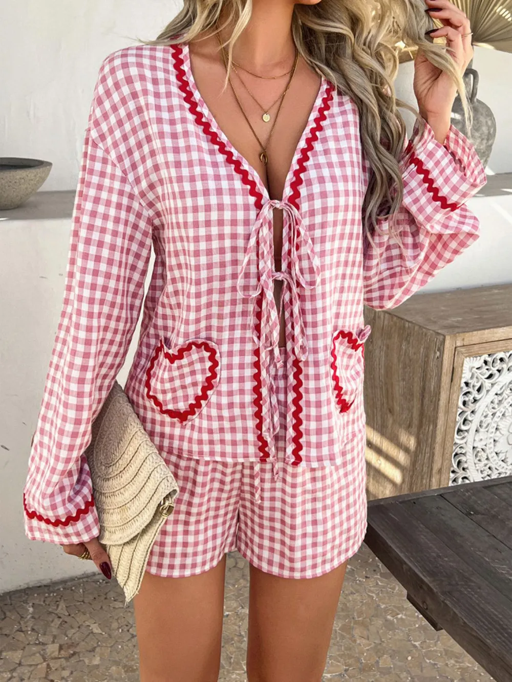 Tie Front Contrast Plaid Shirt and Shorts Set, image 2