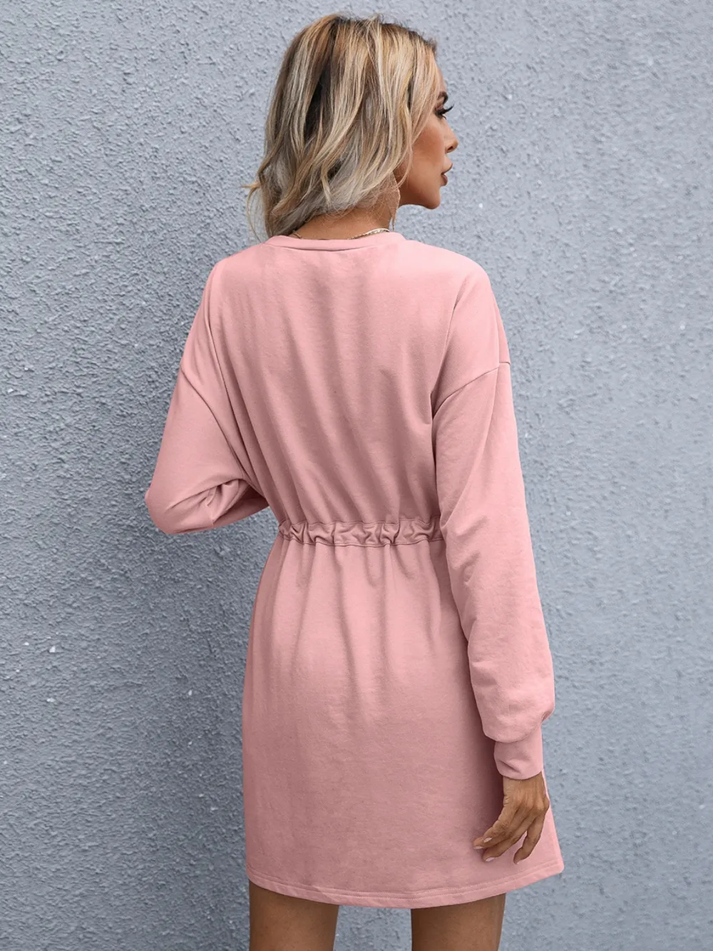 Drawstring Round Neck Dropped Shoulder Mini Dress, image 18