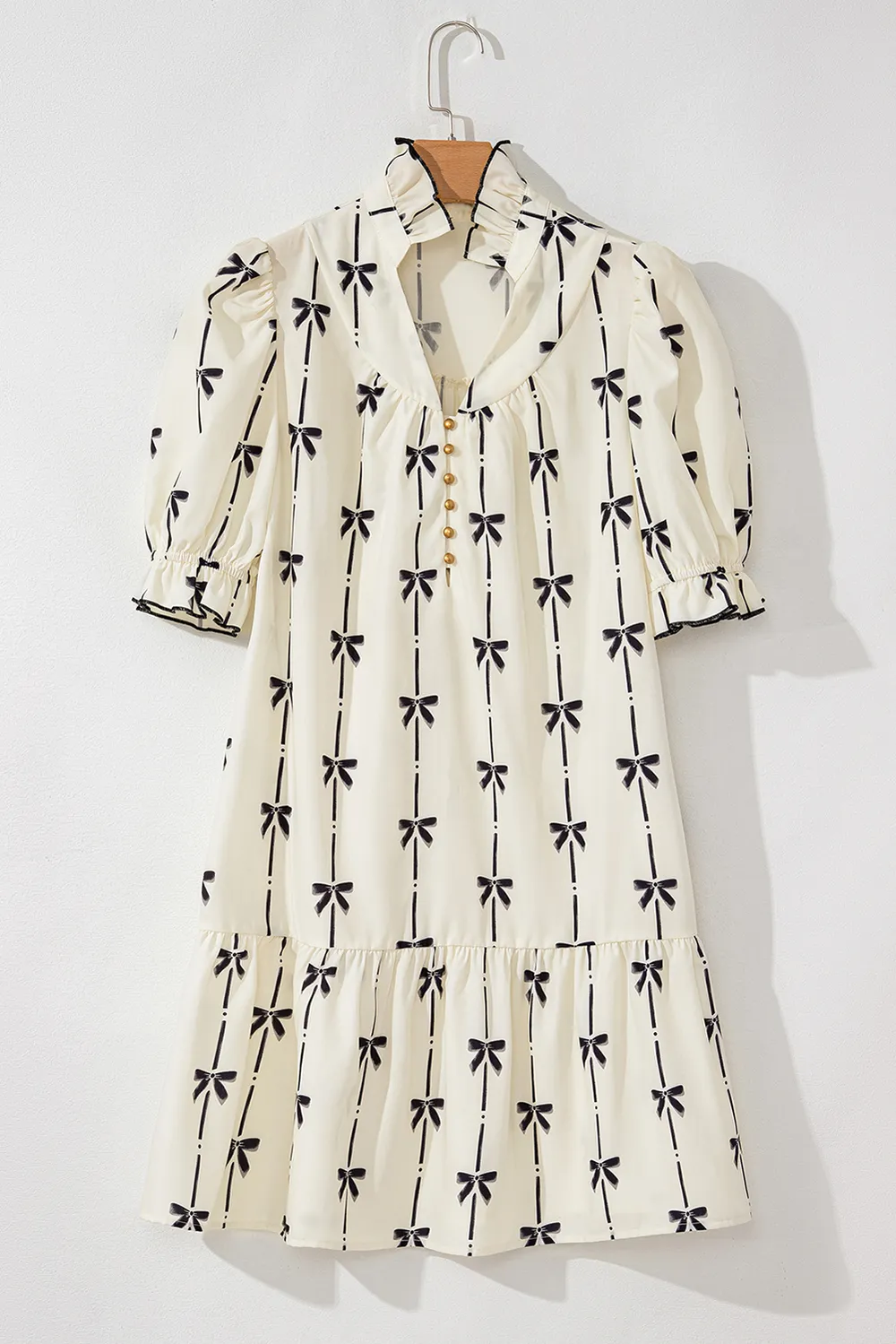 Frill Bow Print Notched Short Sleeve Mini Dress, image 4