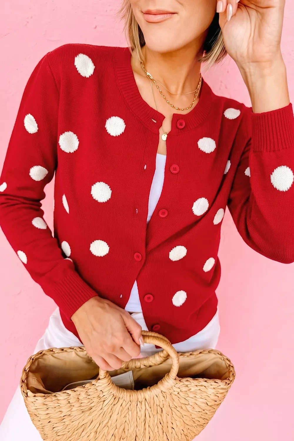 Casual Polka Dot Button Front Long Sleeve Sweater Cardigan, image 2