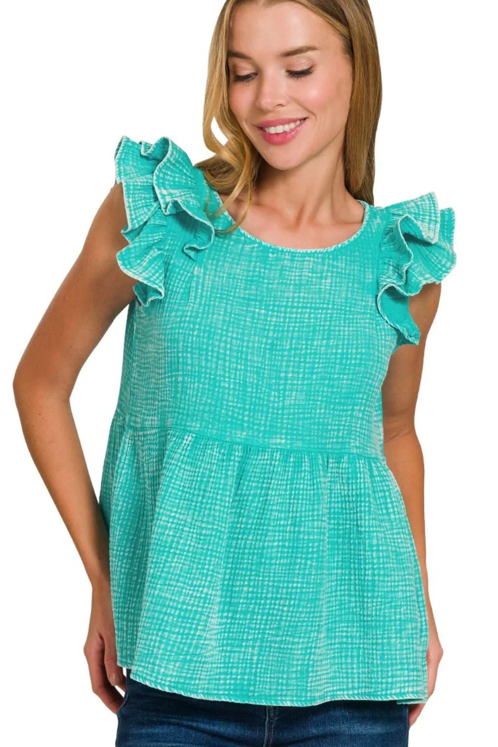 Double Gauze Acid Washed Tiered Ruffle Peplum Top